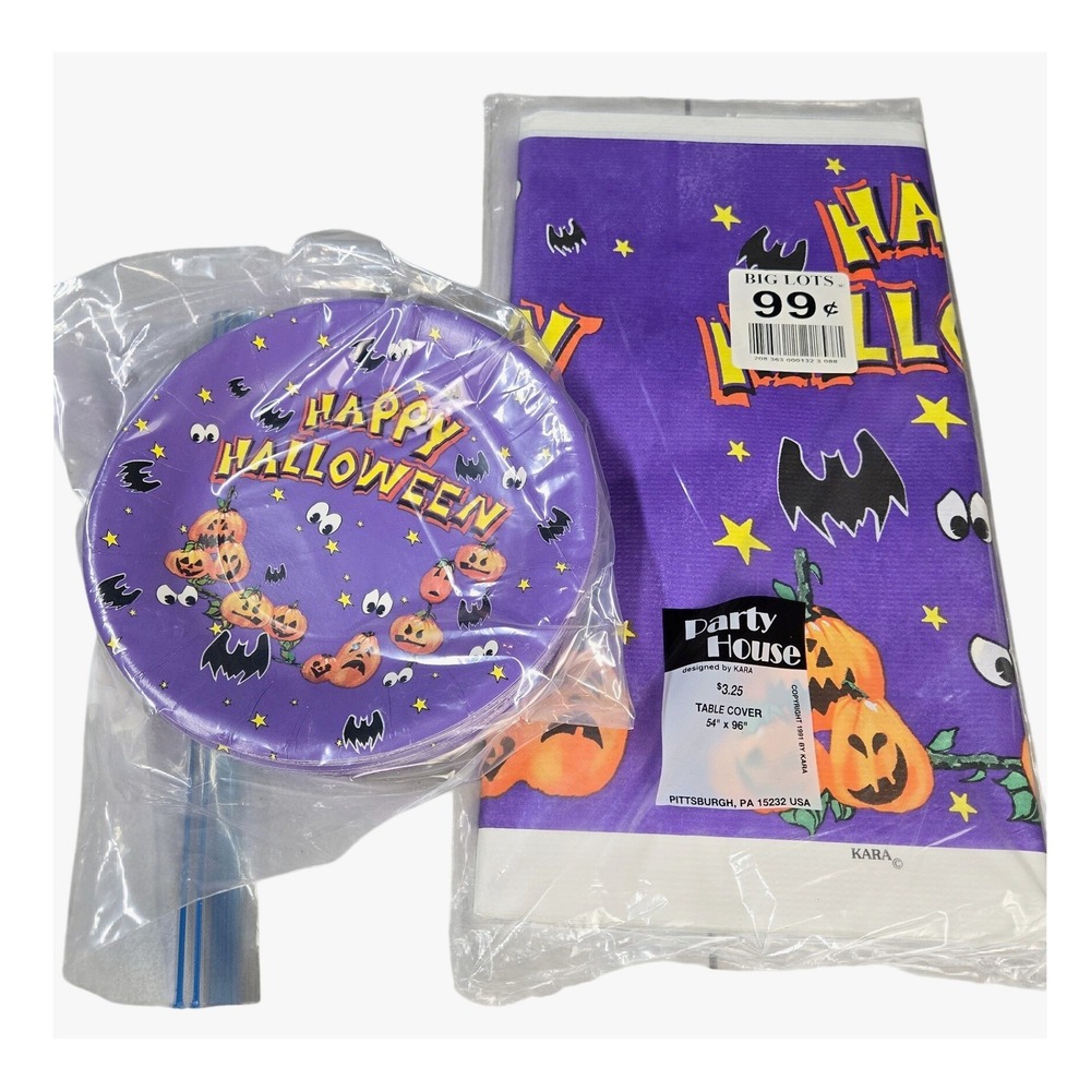 Vintage 90's NOS Halloween Table Cover and Plates Set Purple Pumpkin Retro